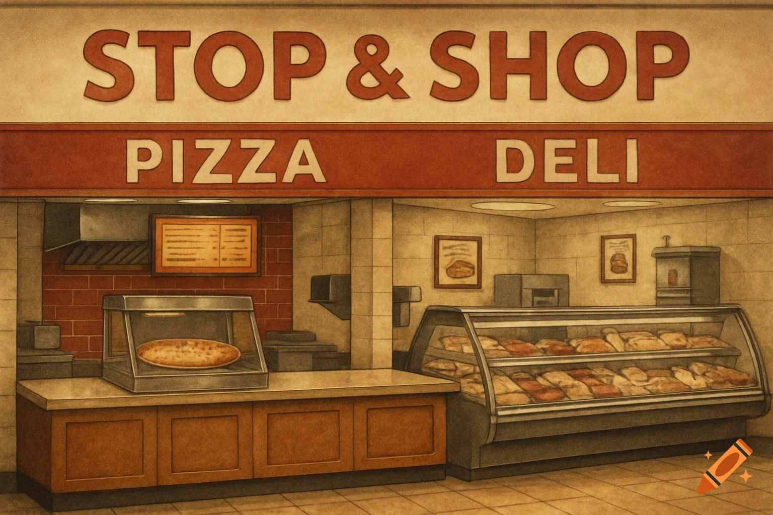 An illustration of a pizza and deli counter inside a Stop & Shop store.