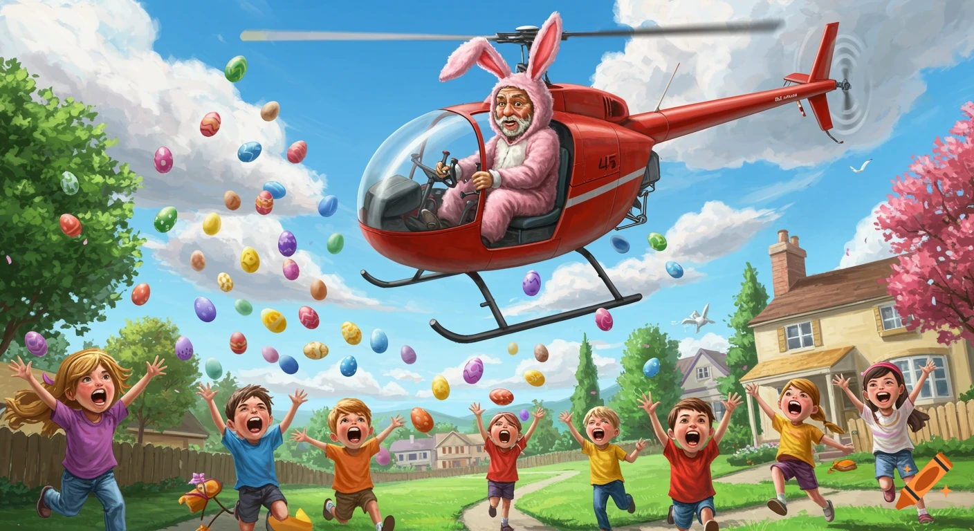 Illustration of a man in a bunny suit in a helicopter dropping Easter eggs on excited children.