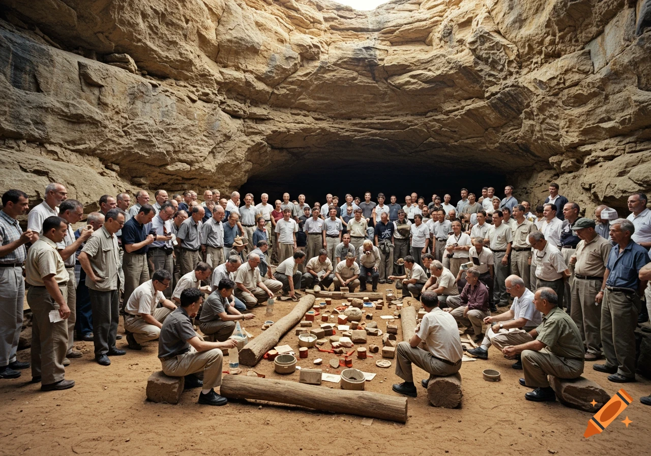 Large group of men gathered inside a cave, observing objects laid out on the ground.