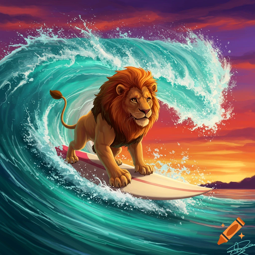 An illustration of a lion surfing on a large wave at sunset.