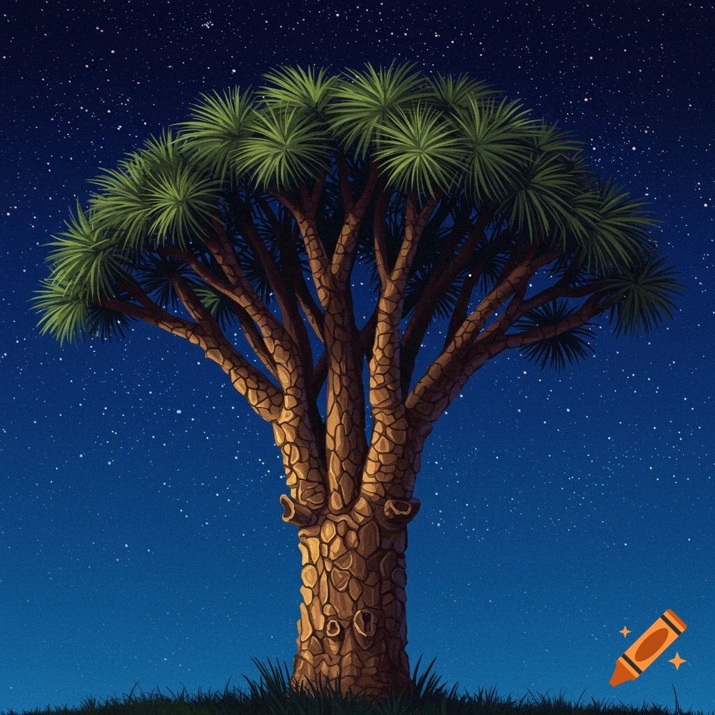 Illustration of a thick tree with scaly bark and palm-like leaves against a starry blue night sky.