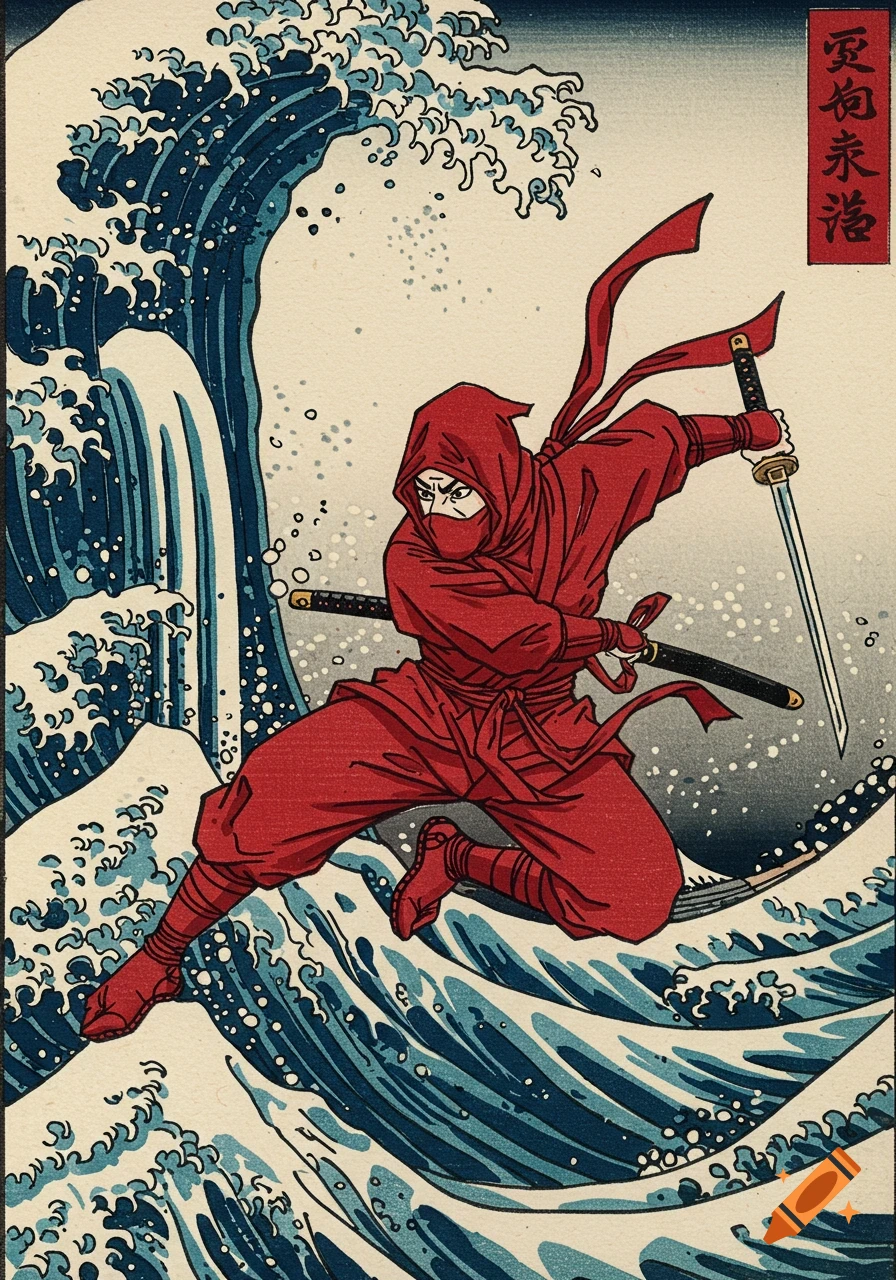 A red ninja jumps over a large wave in a Japanese woodblock print style.