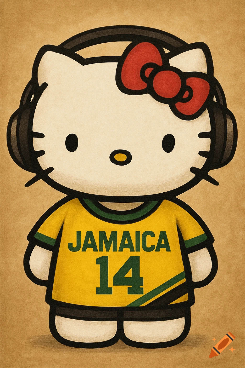 Hello Kitty wearing headphones and a yellow Jamaican jersey with the number 14.