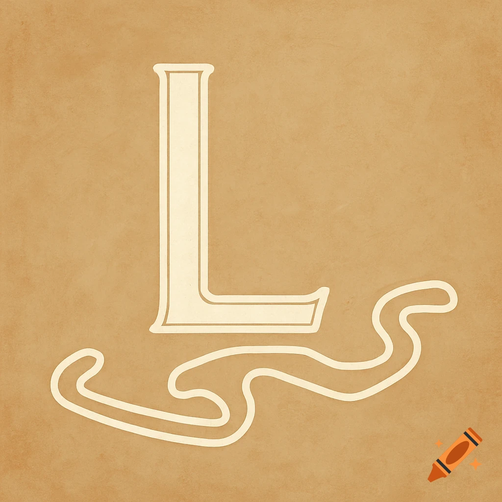 A stylized letter L above a winding outline resembling a racing circuit on a textured brown background.