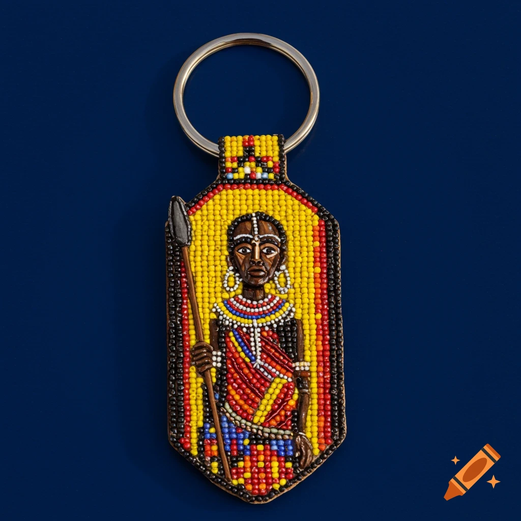 A beaded keychain depicting a figure holding a spear against a yellow background.