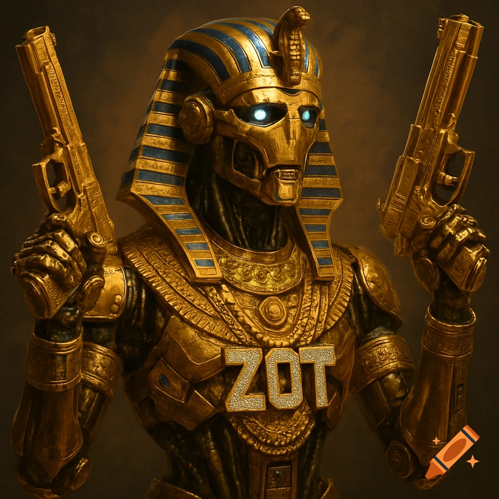 A golden robot wearing an Egyptian pharaoh headdress holds two gold guns. The word ZOT is spelled in diamonds on its chest.