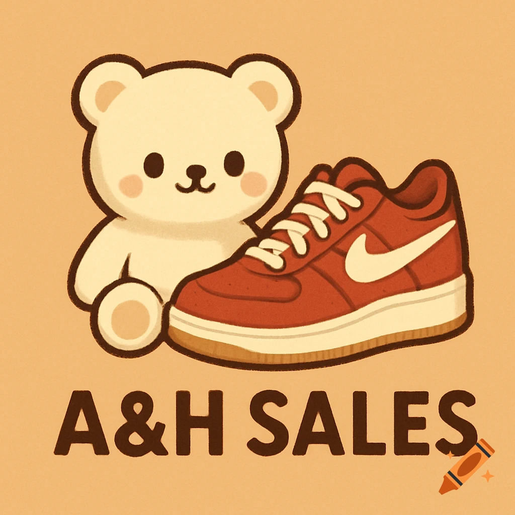 Cute cartoon bear and red sneaker with A&H SALES text logo