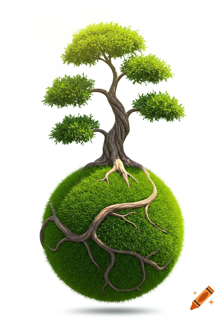 Bonsai tree growing on a sphere of grass with roots wrapped around it