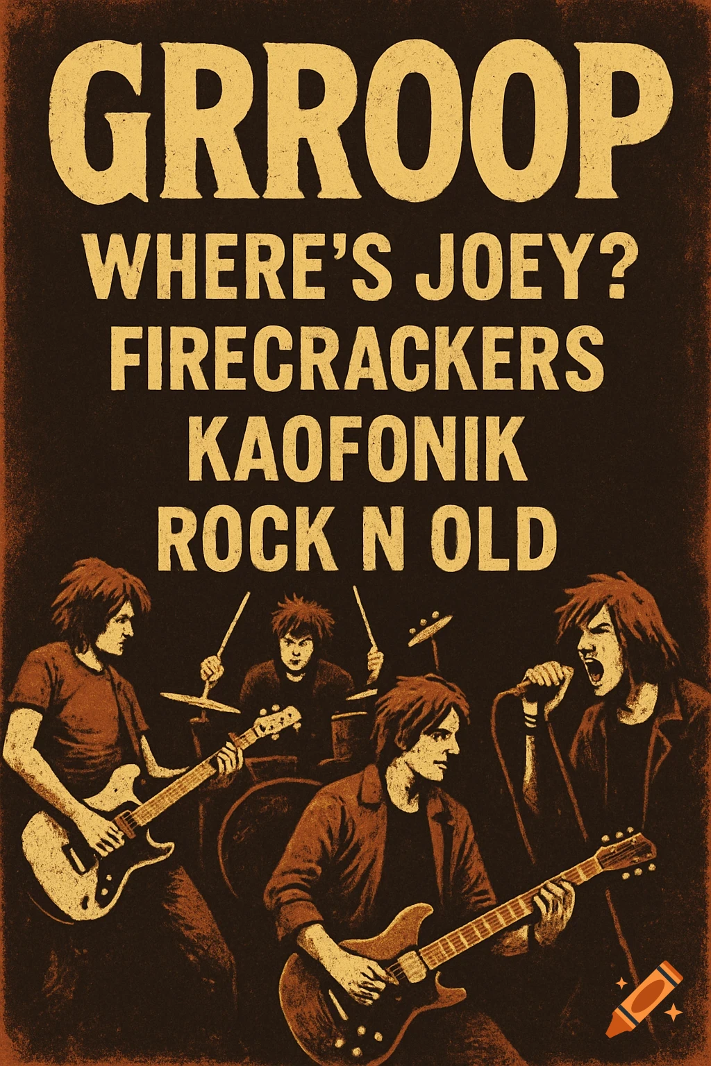 A distressed rock music poster shows a band playing, with the title 'GRROOP' and names of other bands.