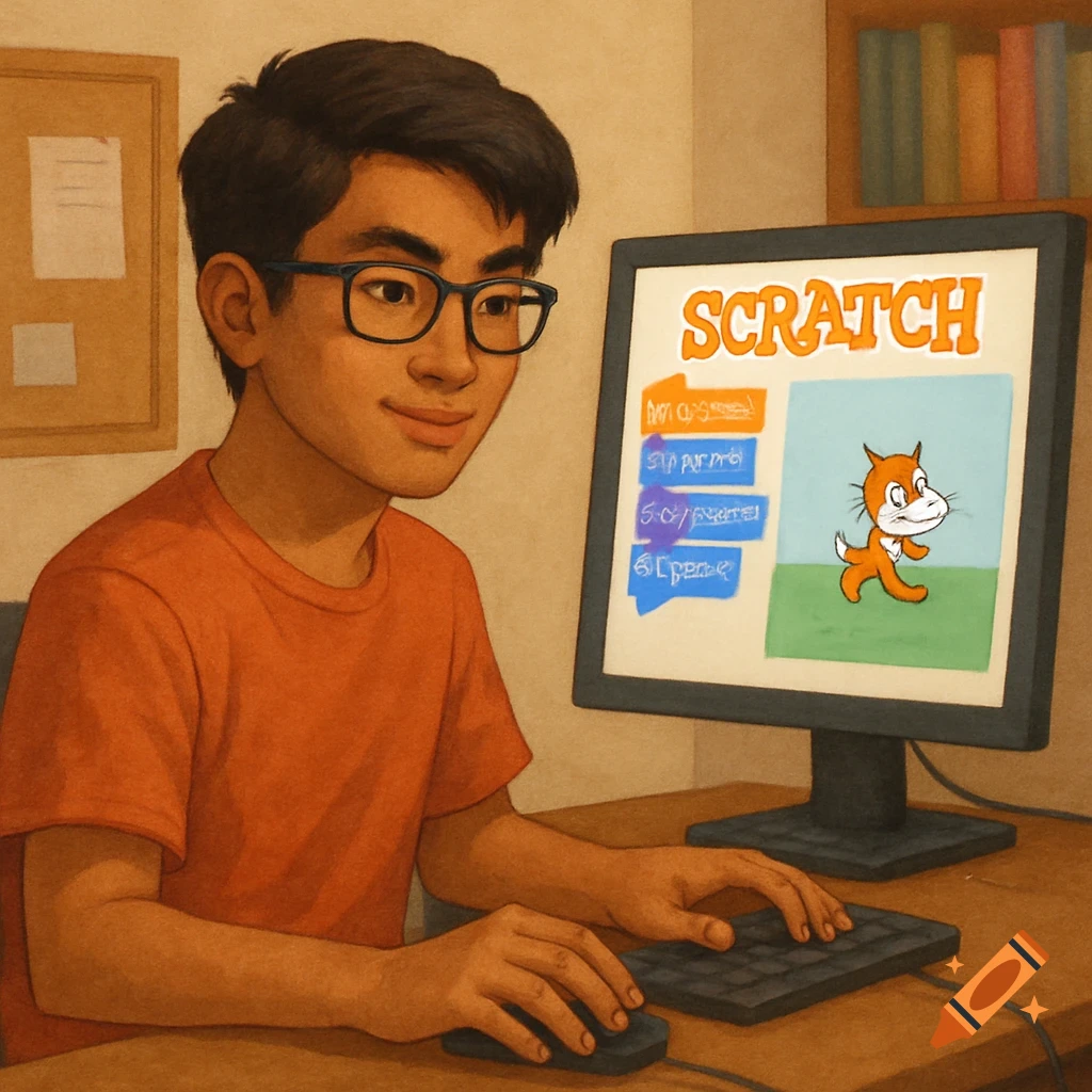 A young person with glasses programs on a computer showing the Scratch interface.