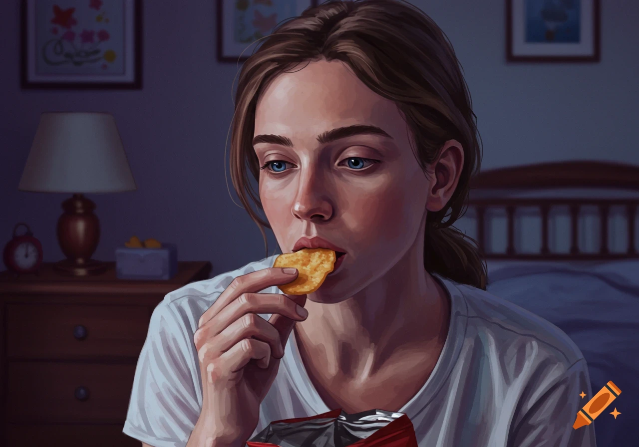 Woman eating chips in a bedroom at night, painterly style.