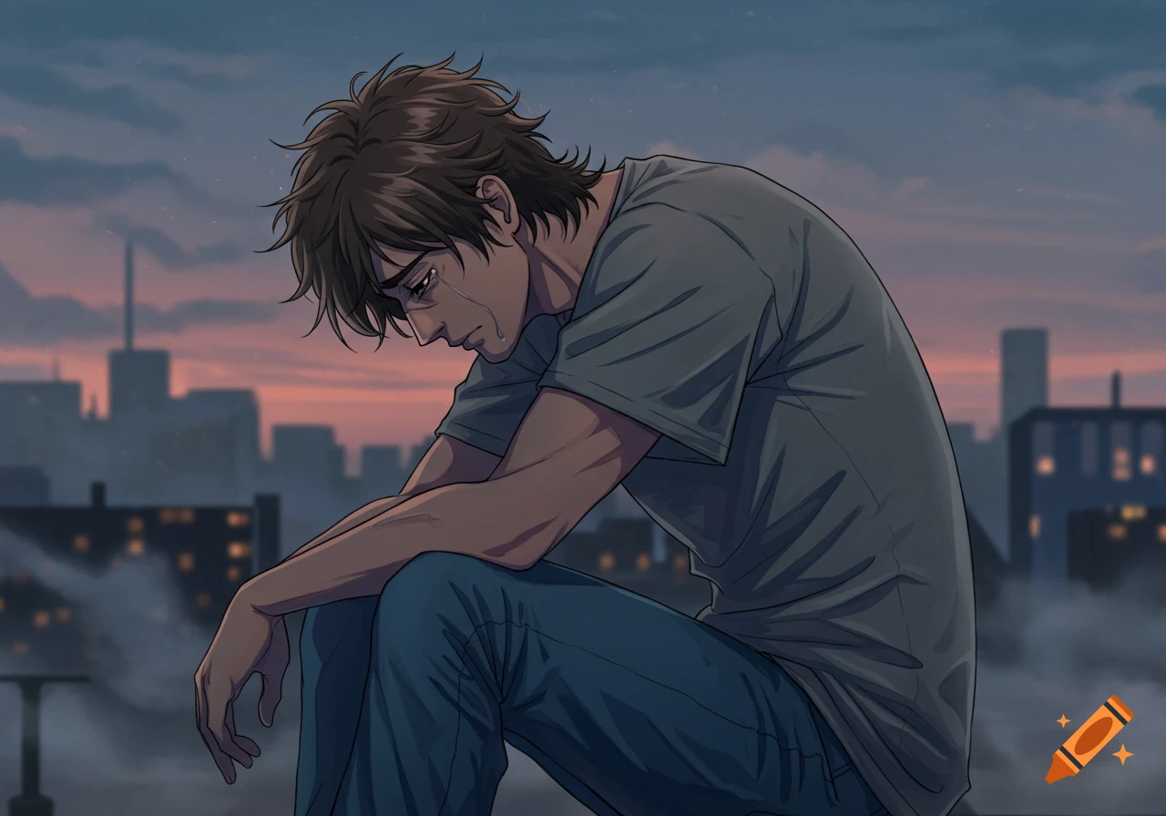 Illustrated image of a sad man sitting outdoors at dusk, crying with a city skyline in the background.