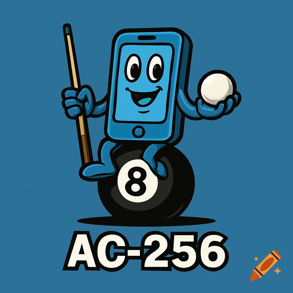 Cartoon cell phone mascot sitting on an 8-ball, holding a pool cue and cue ball, with the text AC-256 below it.