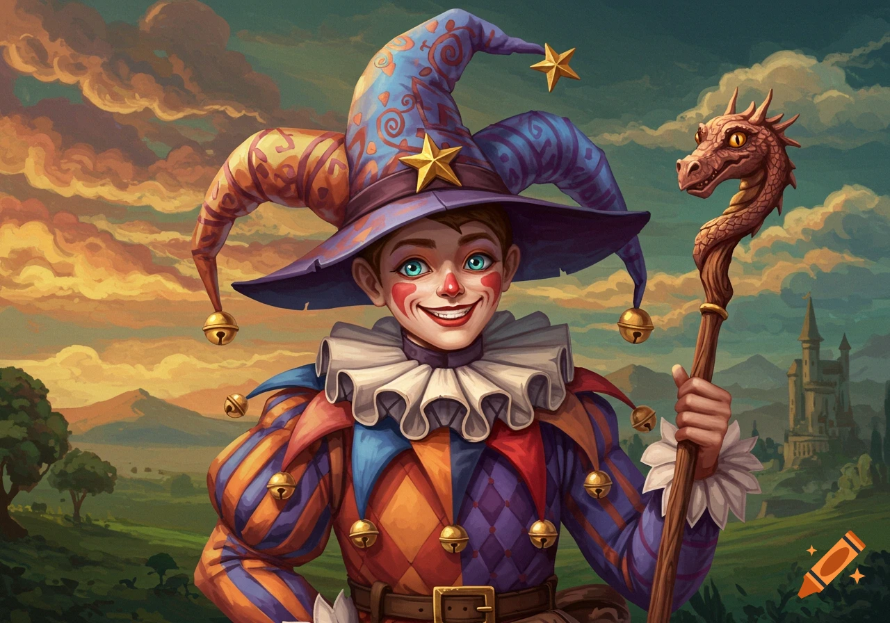 A fantasy illustration of a jester holding a dragon staff with a castle in the background.