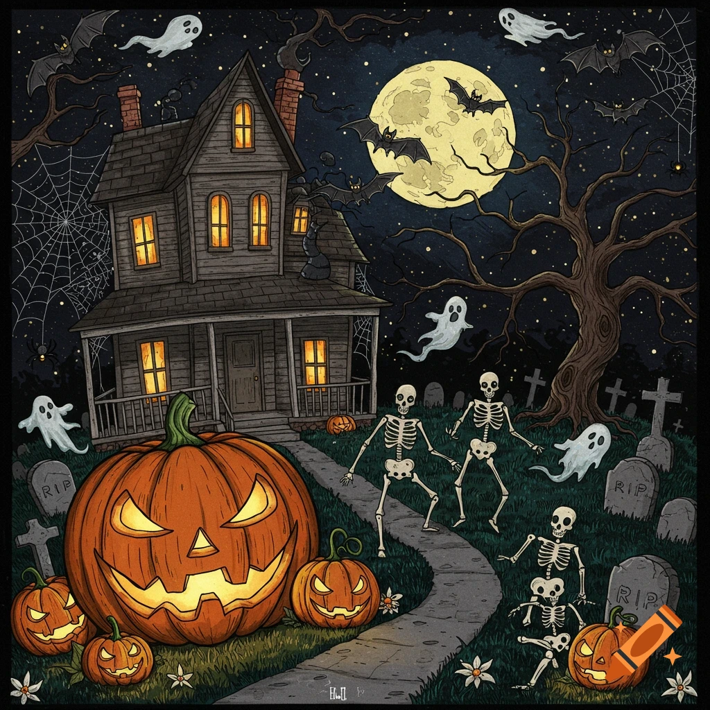 A drawing of a spooky halloween scene with a haunted house, jack-o'-lanterns, skeletons, ghosts, and a graveyard under a full moon.