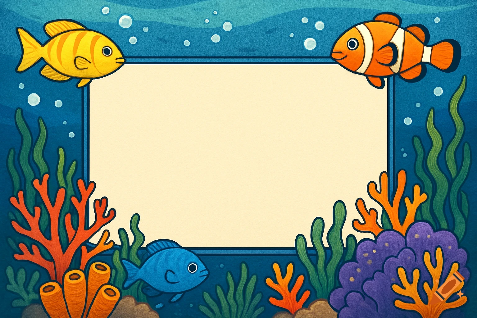 Cartoon underwater frame with yellow, orange, and blue fish, coral, and seaweed.