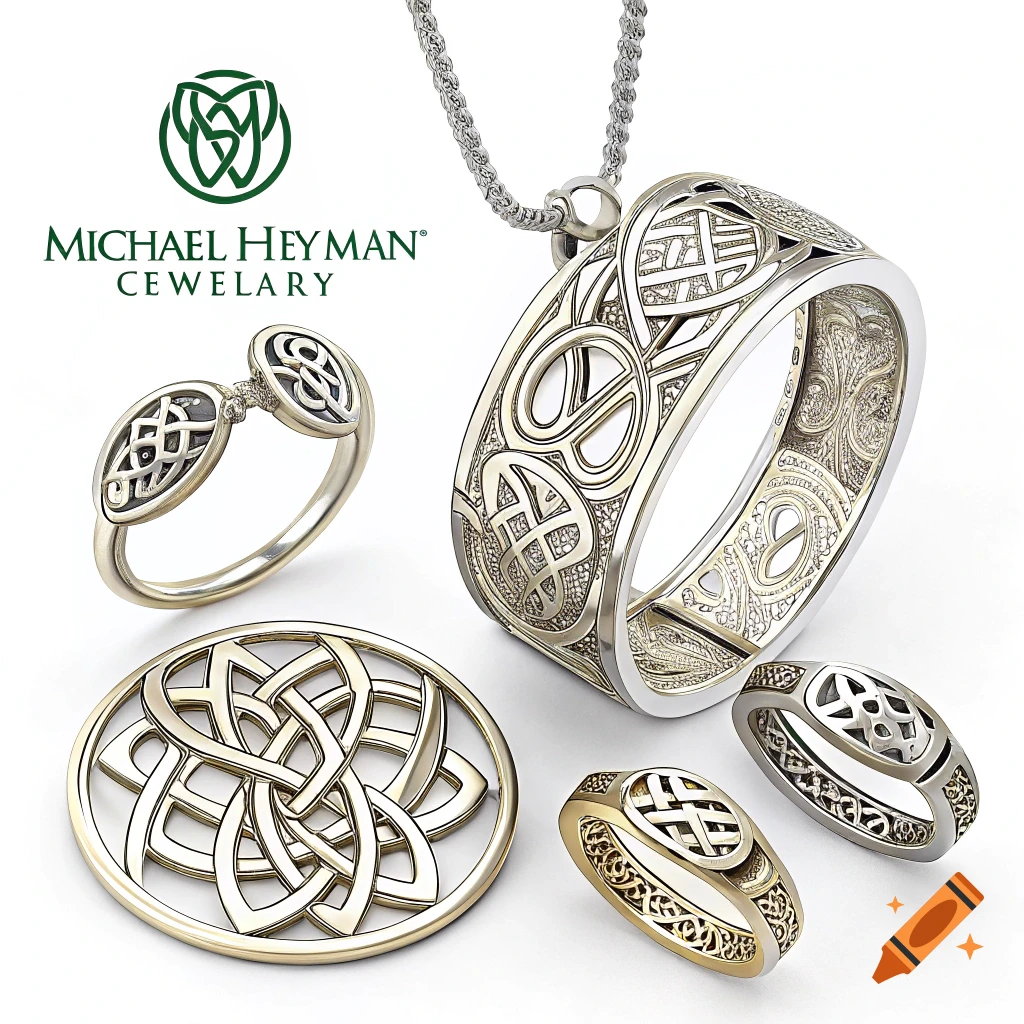 Collection of silver and gold Celtic design rings, pendant, and circular ornament.