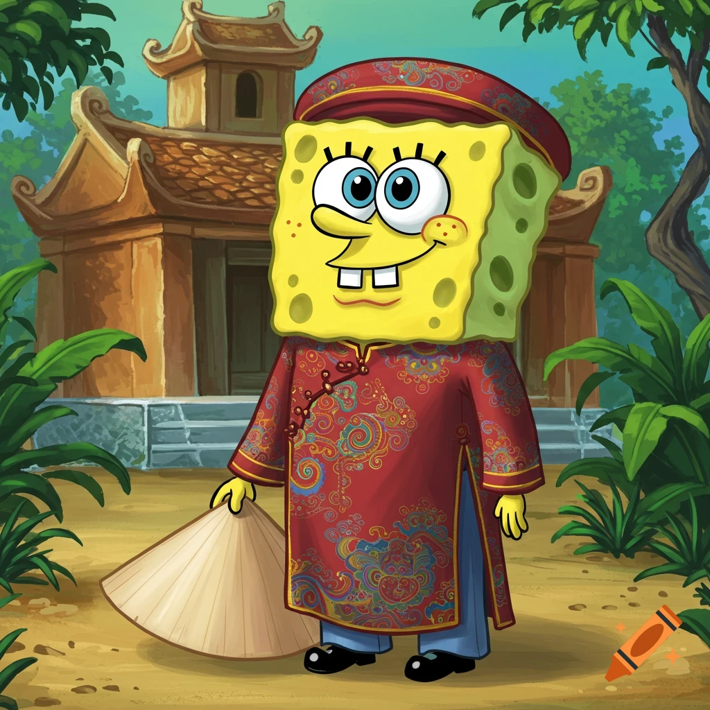 Spongebob Squarepants wears a red traditional Vietnamese dress and conical hat in front of a building.