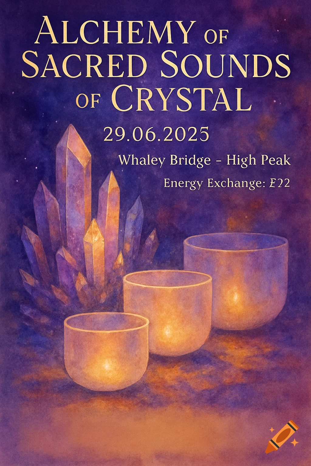 Poster for Alchemy of Sacred Sounds of Crystal event showing crystals and singing bowls in purple, blue, orange, and gold tones.