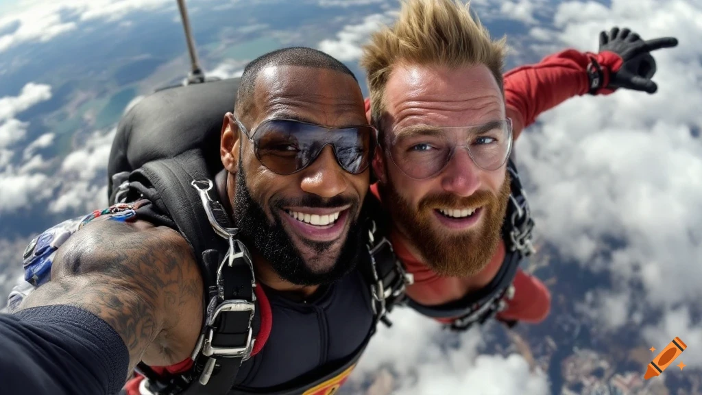 Two men resembling LeBron James and Brad Pitt taking a selfie while skydiving high above the clouds.