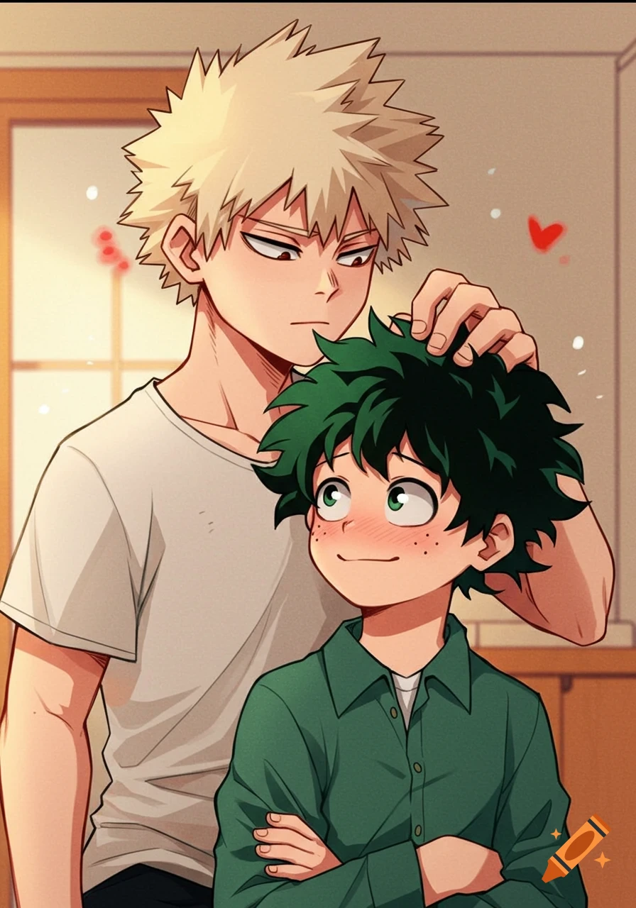 Anime illustration of Katsuki Bakugo patting Izuku Midoriya's head.