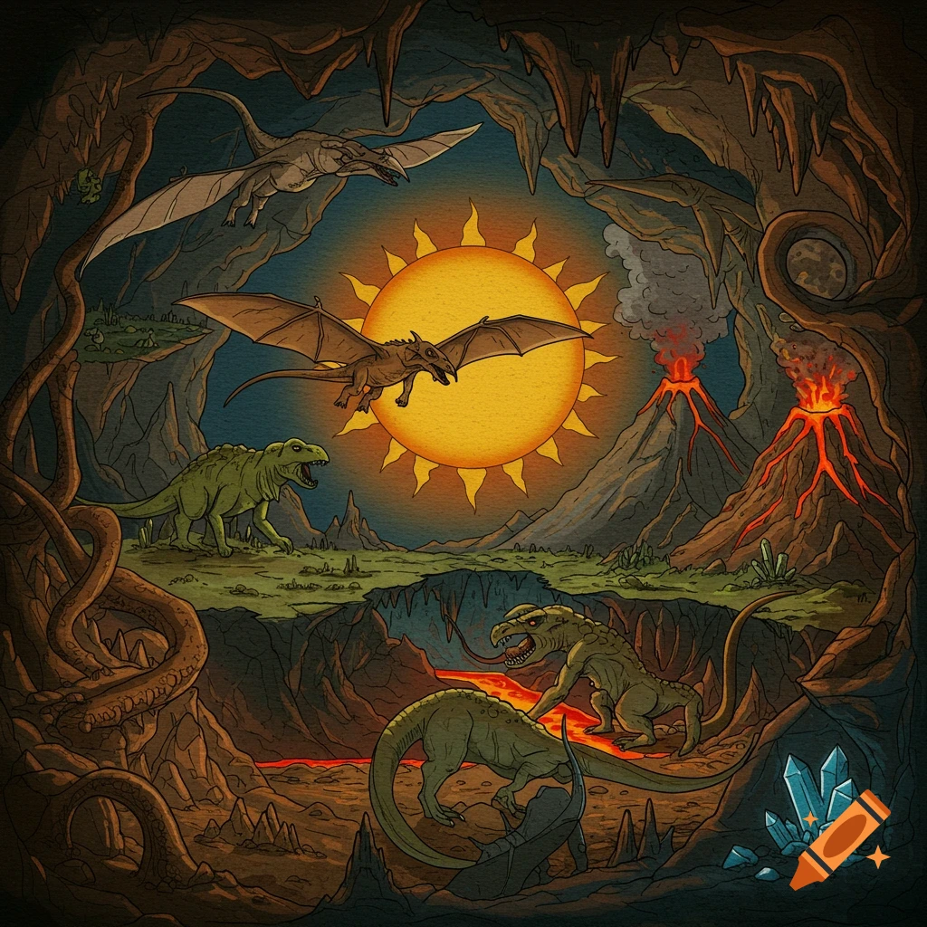 Prehistoric creatures and flying dragons in a cave landscape with volcanoes and a sun, illustration style.