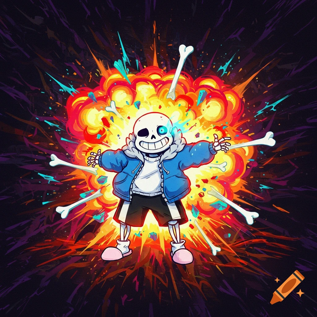 Cartoon skeleton character in a blue jacket stands in a colorful explosion with bones flying.