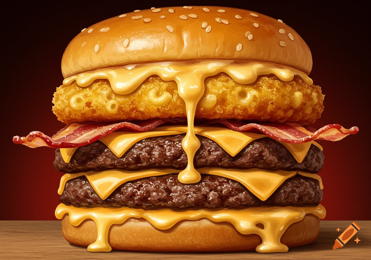Close-up of a triple beef burger with bacon, cheese, and a deep-fried mac and cheese patty, dripping with cheese sauce.