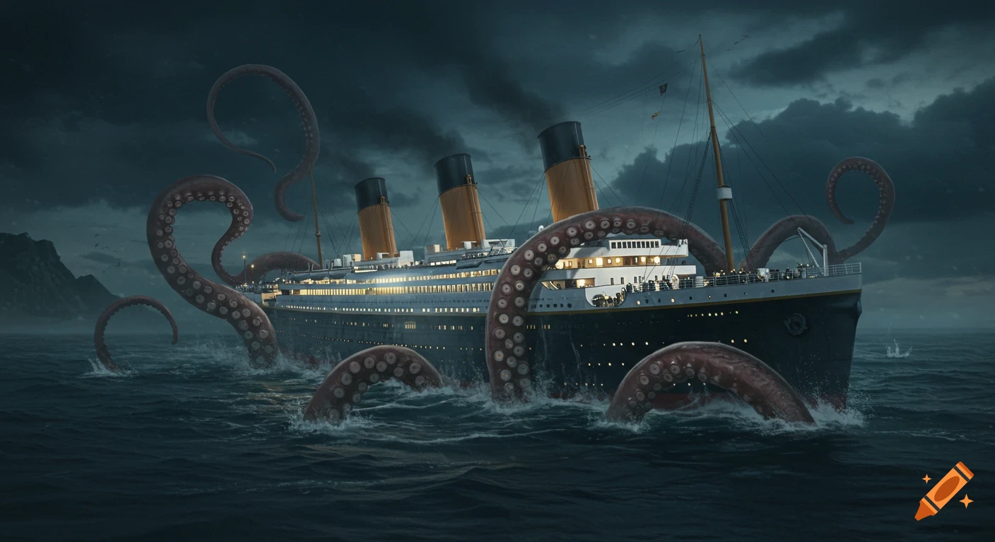 Giant octopus tentacles rise from the stormy sea to engulf the Titanic ship.