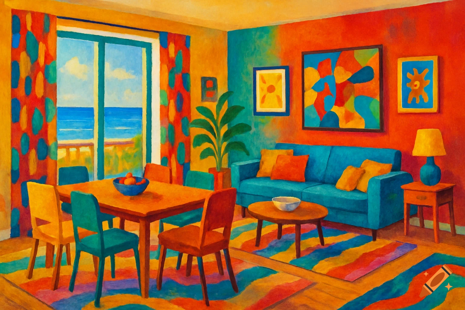 A brightly colored, artistic painting of a living and dining room with a view of the sea.
