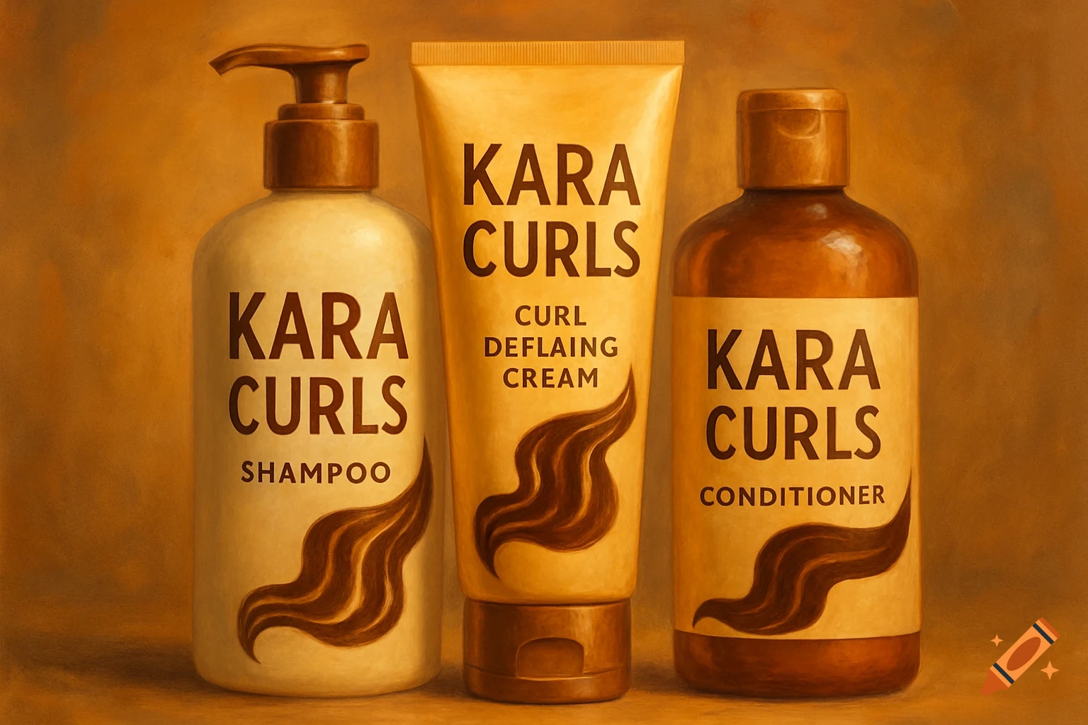 Three bottles of Kara Curls hair products against a textured background.