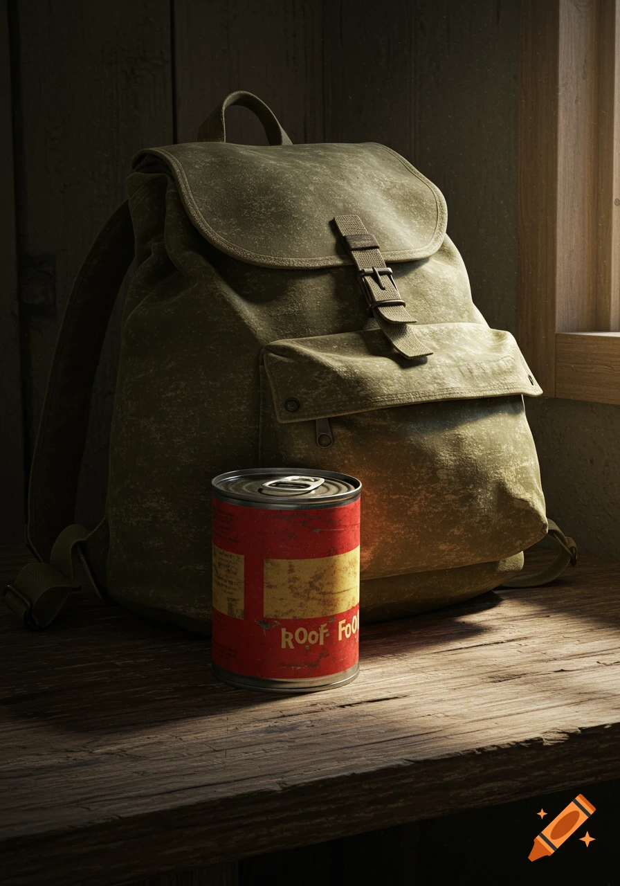 A worn backpack sits next to a can of food on a wooden surface in dramatic lighting.