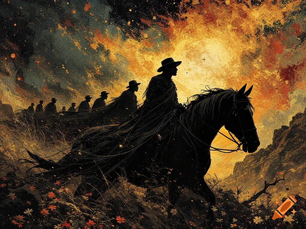 Silhouetted cowboys on horseback ride through a dark, fiery landscape with a dramatic sky.