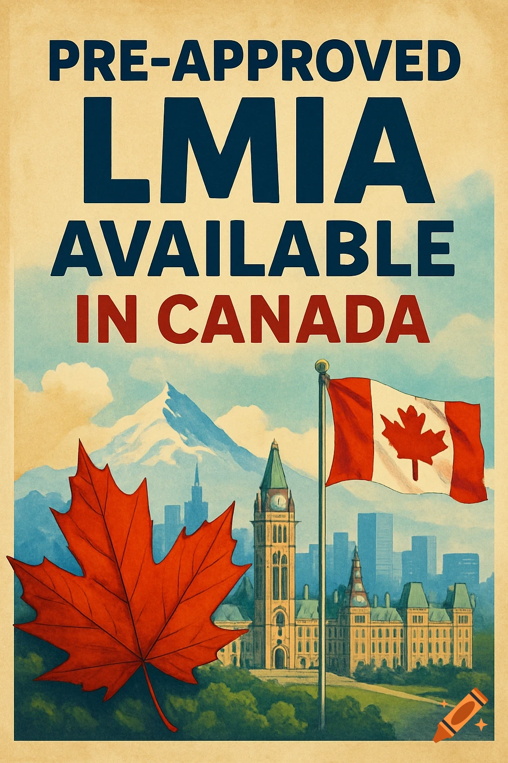 Vintage style Canadian poster with a large maple leaf, Parliament Hill, Canadian flag, mountains, and text about LMIA in Canada.
