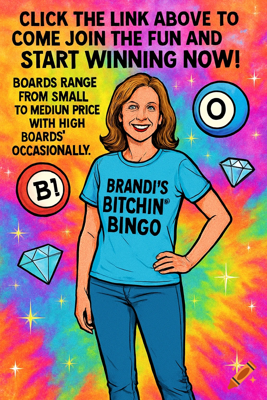 Pop art flyer with a woman wearing a shirt saying "Brandi's Bitchin' Bingo" against a tie-dye background with bingo balls, diamonds, and glitter.