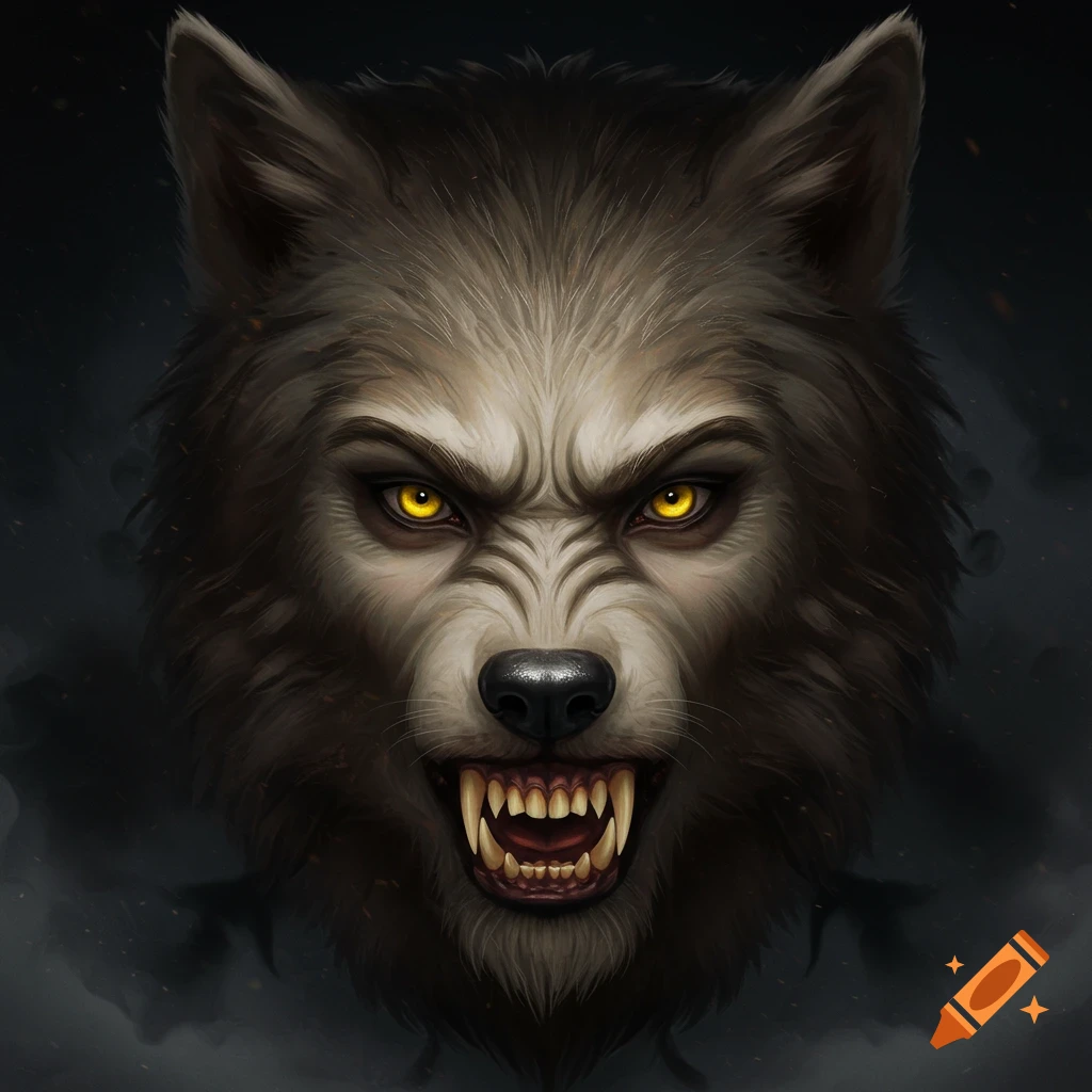 Close-up illustration of a snarling werewolf face with yellow eyes.