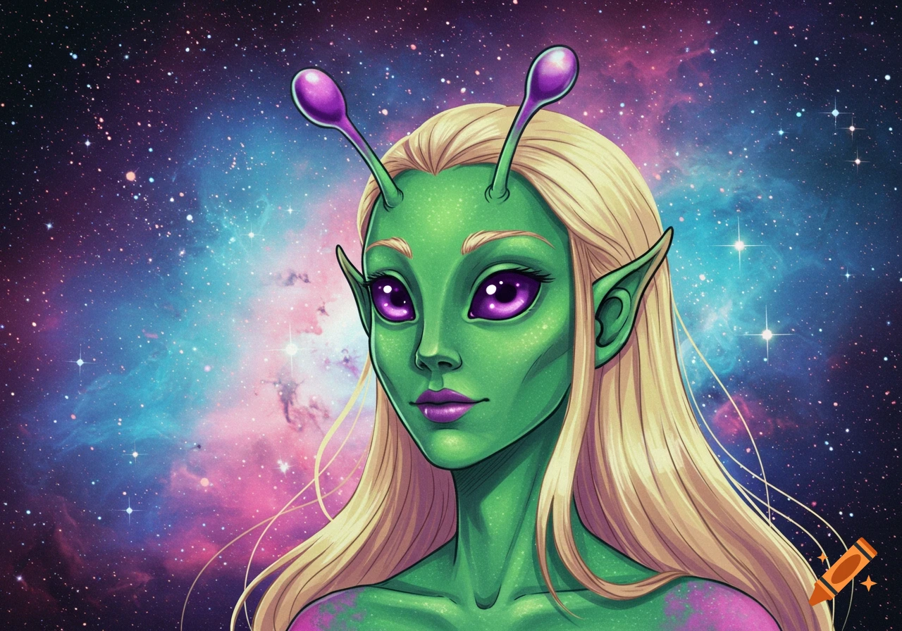 An alien person with green skin, purple eyes, and blonde hair against a colorful space background.