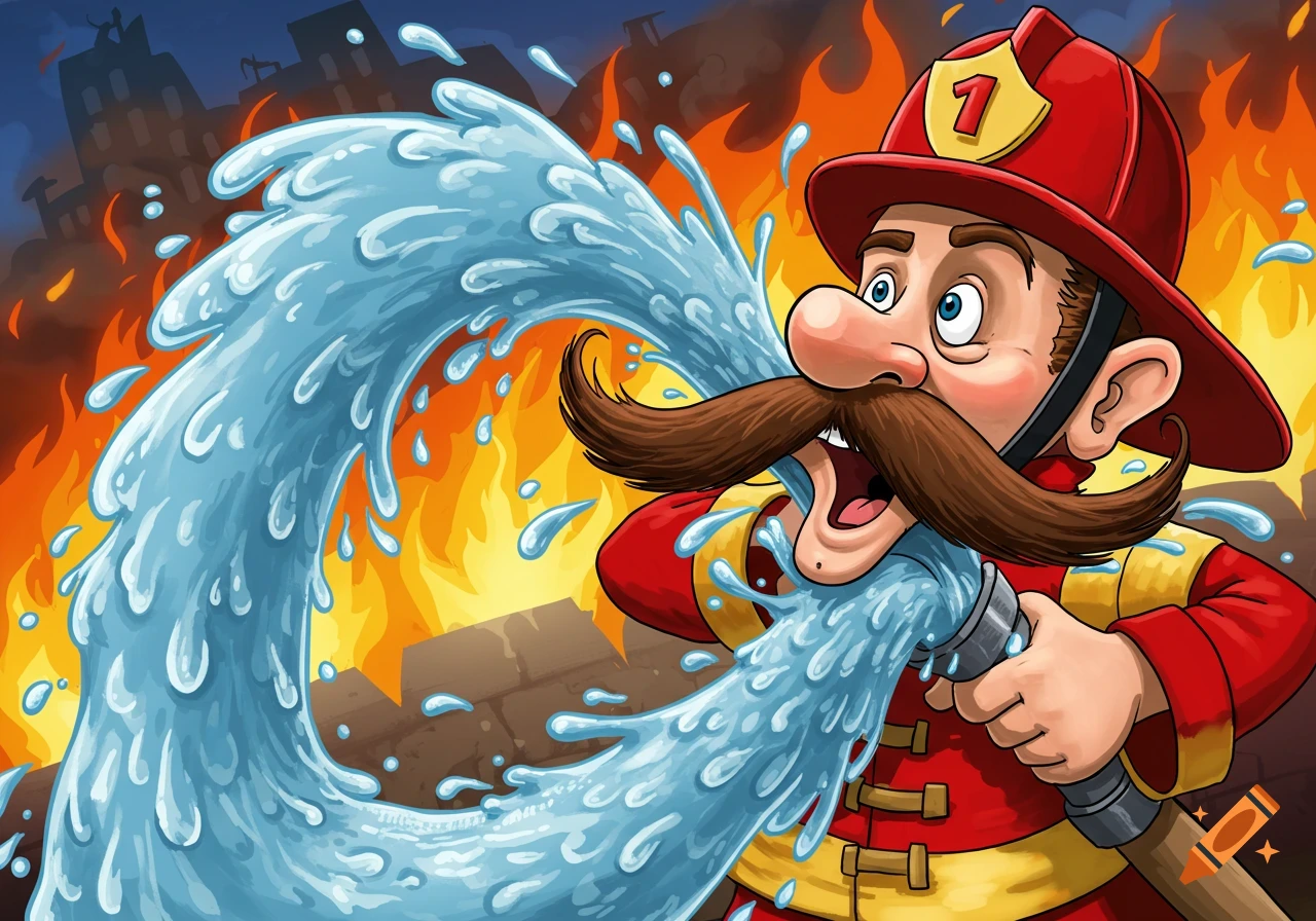 Cartoon firefighter with a big mustache hit by water from a hose during a fire.