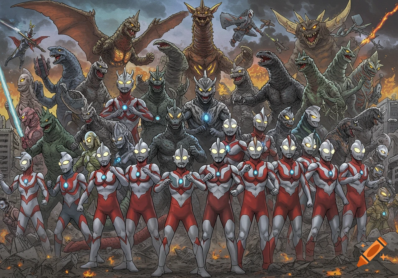 Illustration of many Ultraman heroes and giant Kaiju monsters posing together in a ruined city. Comic book art style.