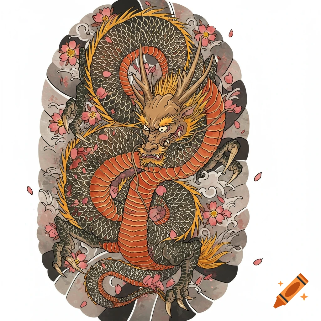 Stylized Japanese dragon illustration with cherry blossoms and clouds