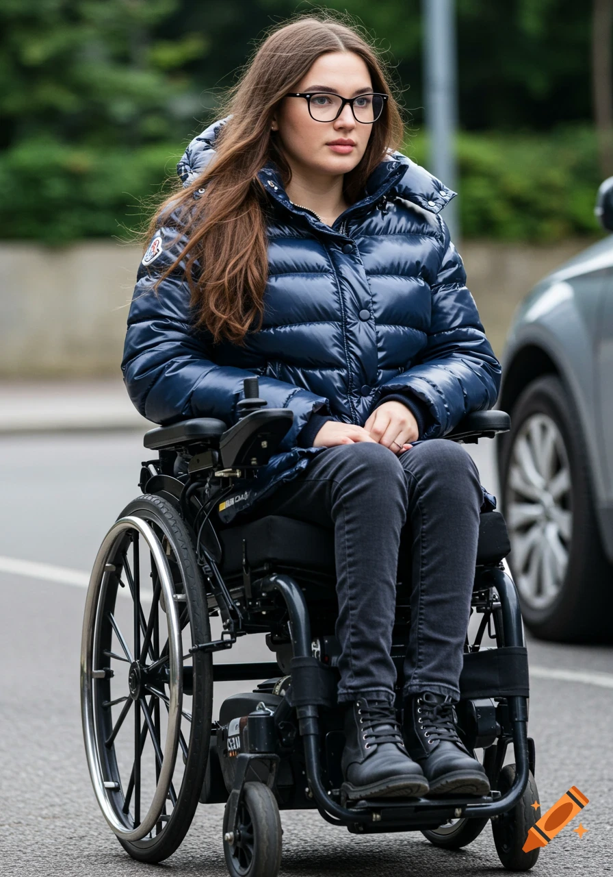A young woman with long brown hair and glasses sits in an electric wheelchair, wearing a shiny dark blue puffer jacket.