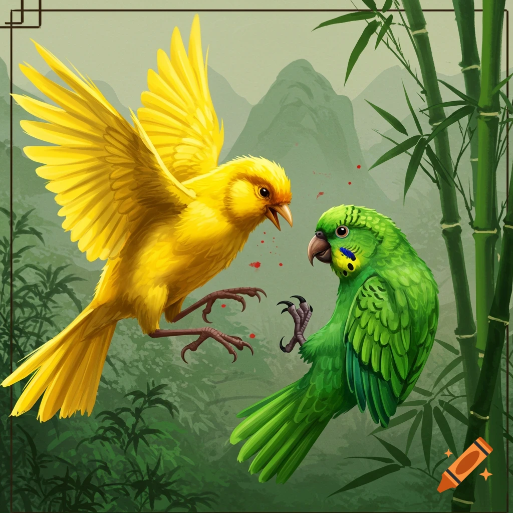 A stylized illustration of a yellow bird fighting a green bird in a Chinese landscape with bamboo.