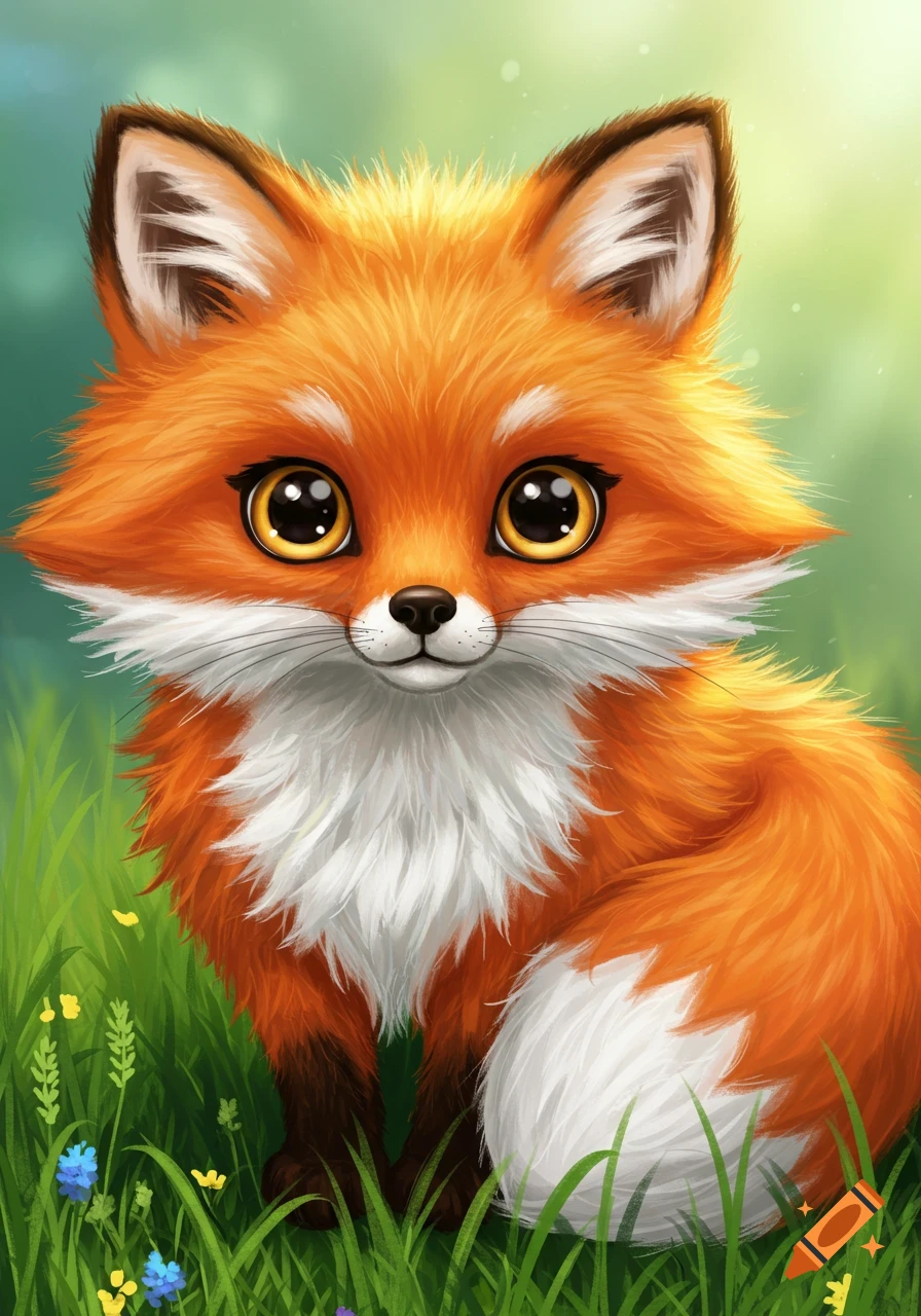 A cute cartoon fox with big eyes sits in green grass