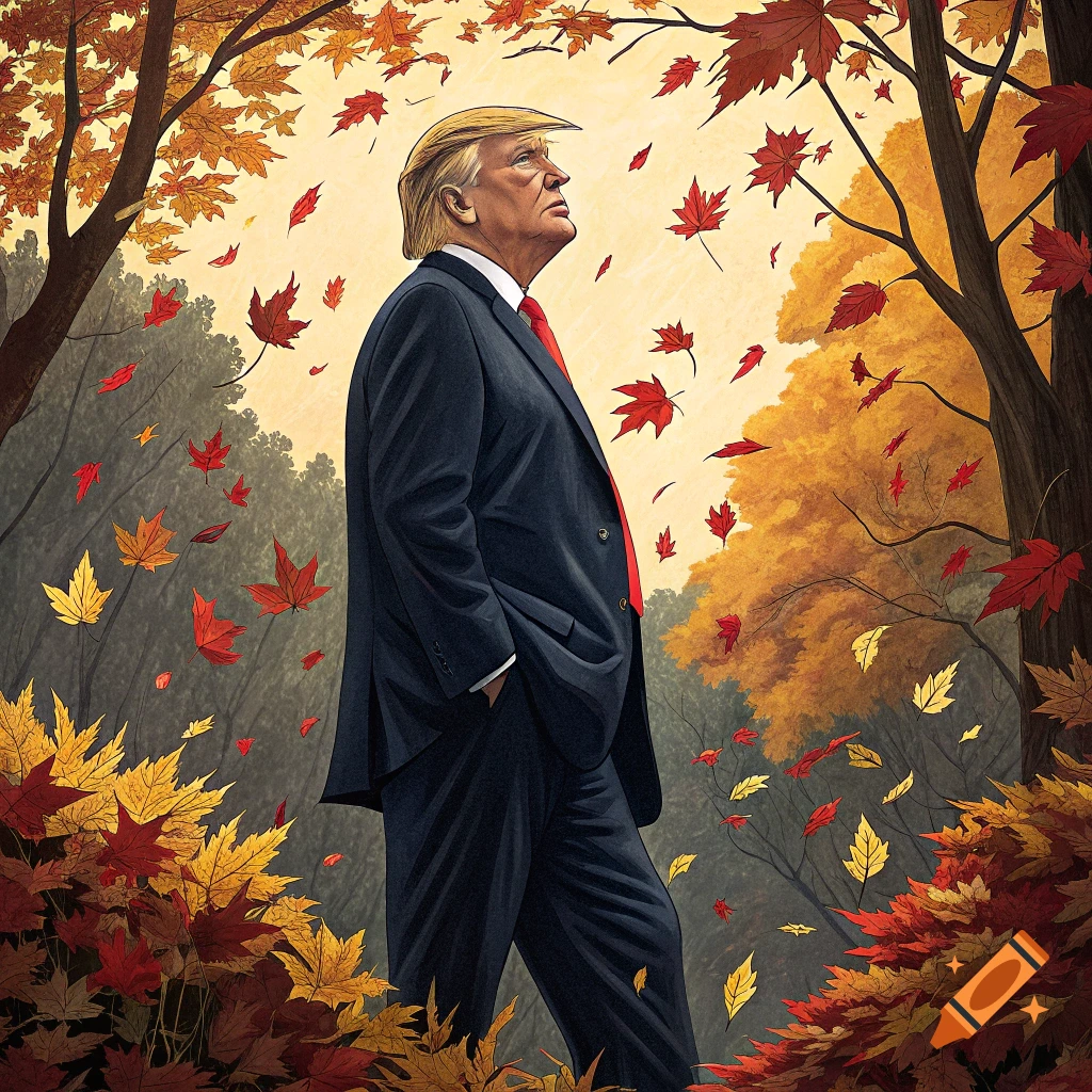 Donald Trump standing in an autumn forest with falling leaves