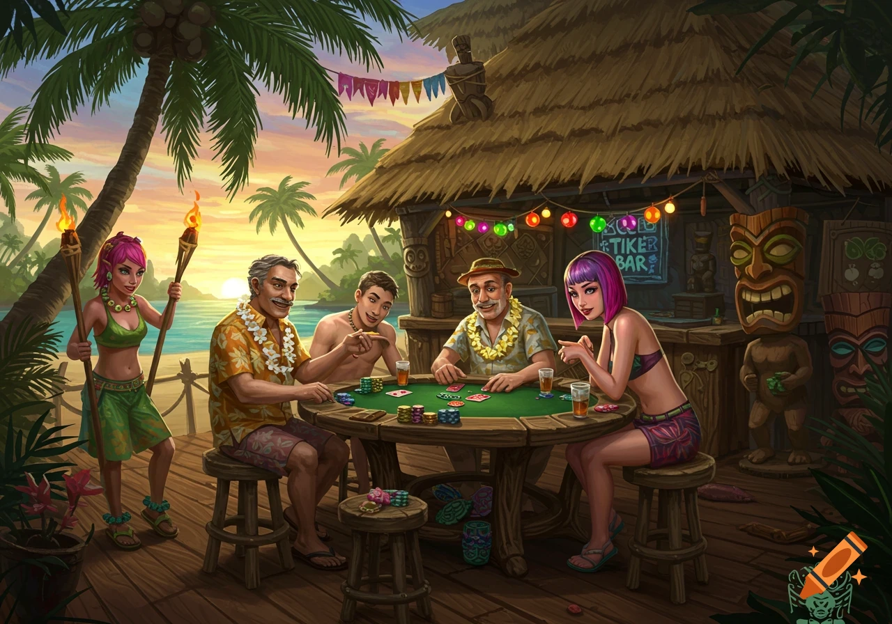 Illustration of people playing poker at a tiki bar on a beach at sunset.