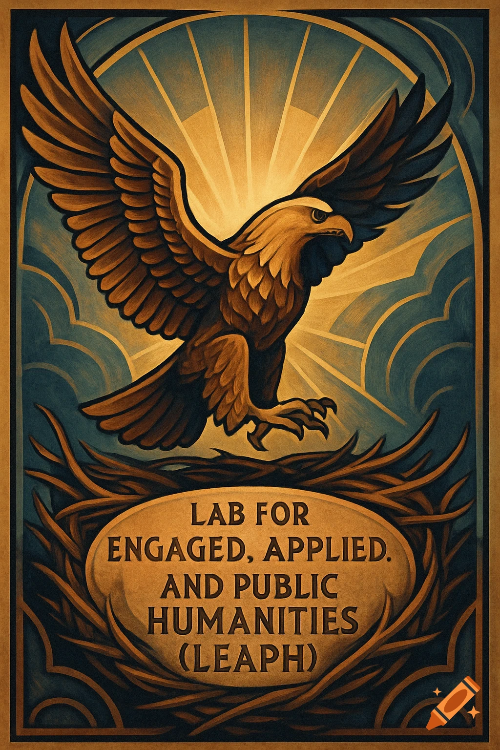 Stylized art deco poster shows an eagle with outstretched wings above a plaque with text, emerging from a nest.