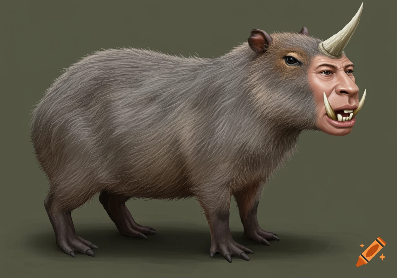 A fantasy creature with a capybara body, human face, pig tusks, and a horn.
