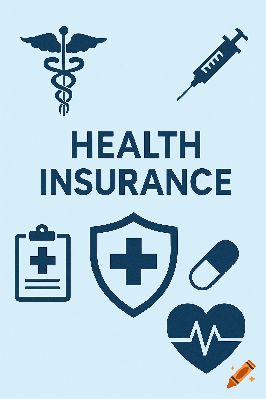 Medical symbols including caduceus, syringe, shield, clipboard, pill, heart, and text 'Health Insurance' on a blue background.