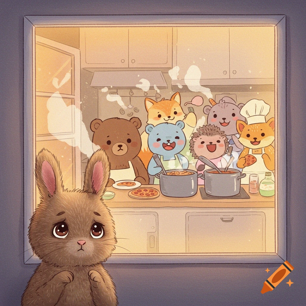 Sad rabbit looks through a window at cartoon animals cooking dinner in ...