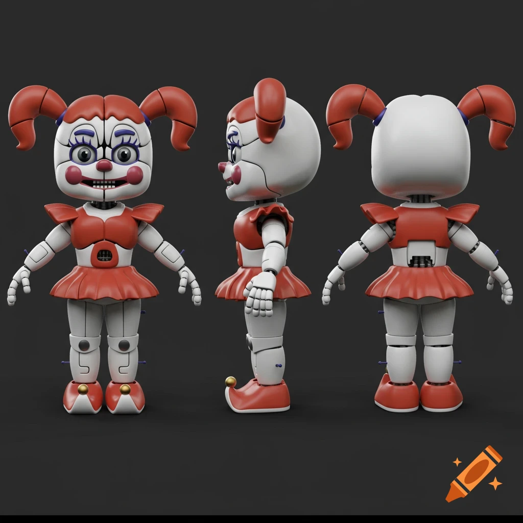 3D model turnaround of a clown-like animatronic character with pigtails and a red skirt